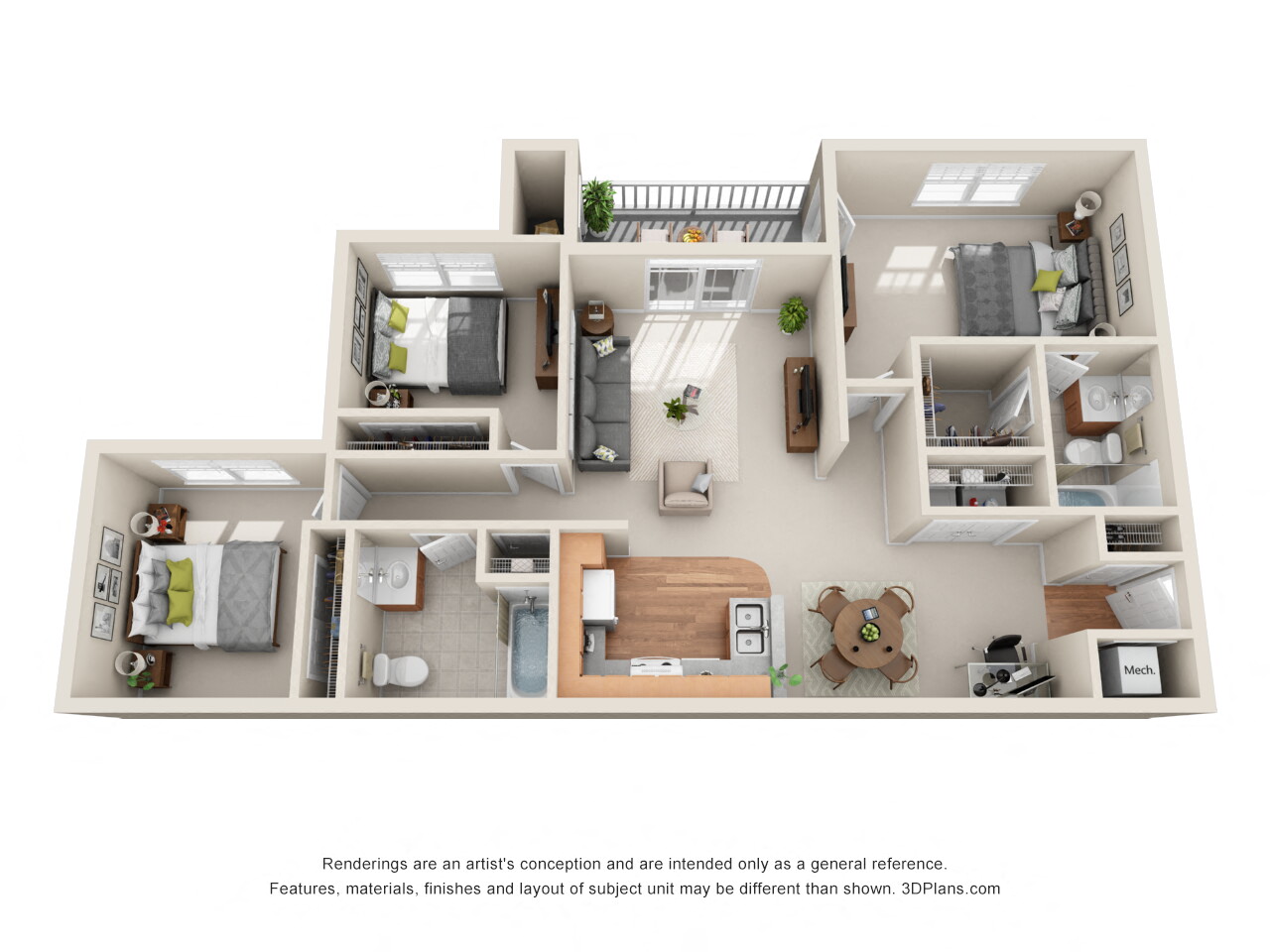 Floor plan for 3 beds, 2 baths, 1206 sqft